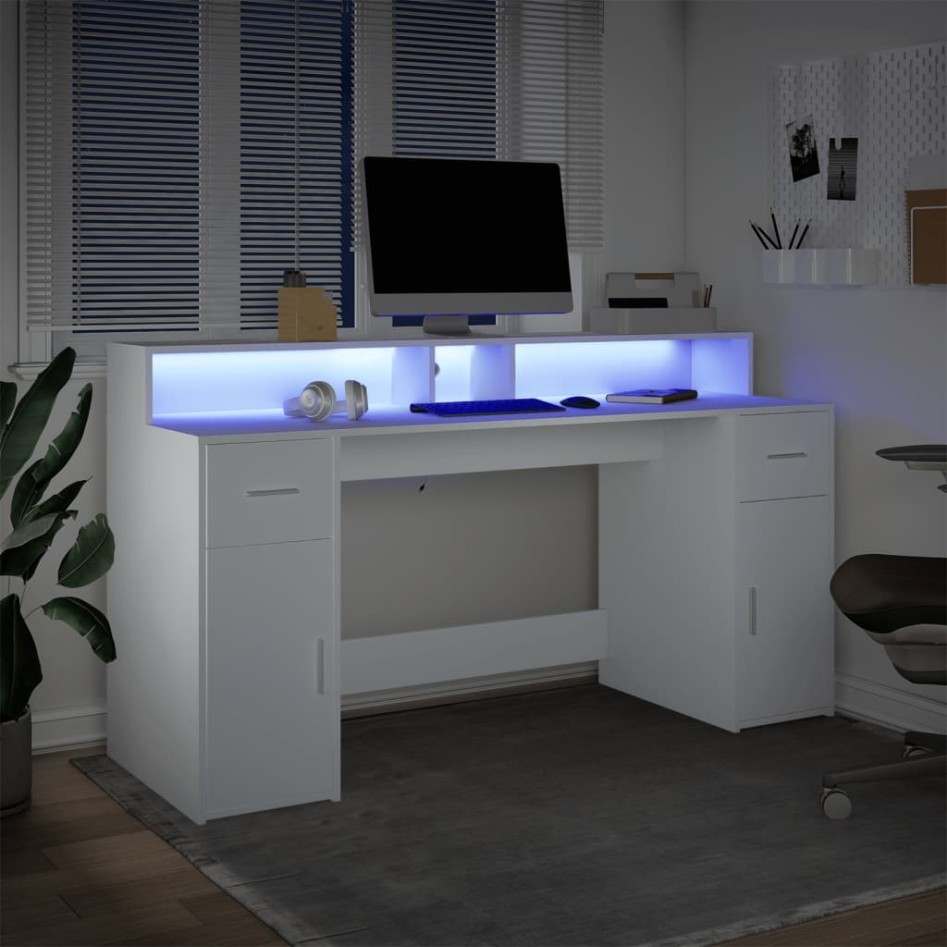 Escritorio con luz LED madera ingeniería blanco 160x55x91