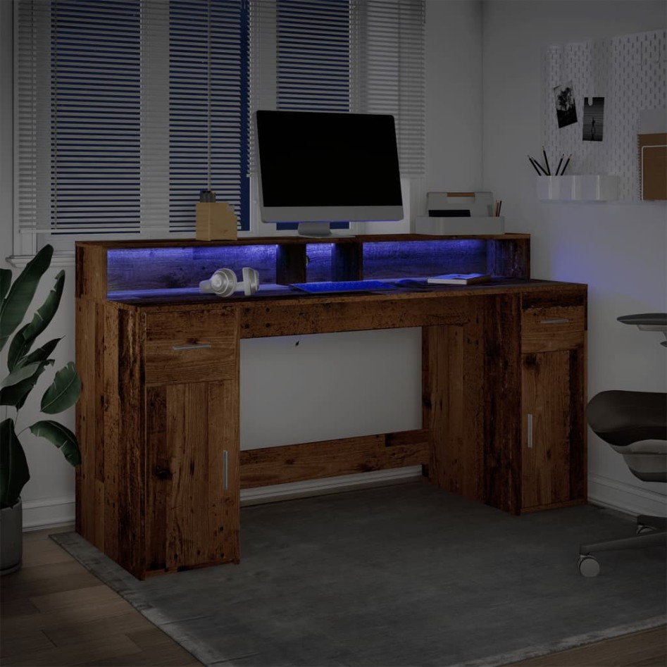 Escritorio con LED madera ingeniería envejecida 160x55x91