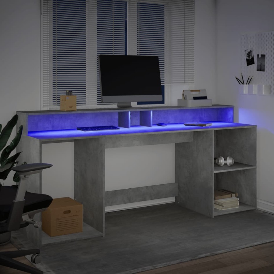 Escritorio con LED madera ingeniería gris hormigón 200x55x91