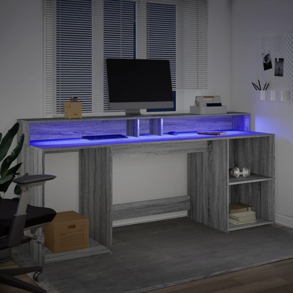 Escritorio con LED madera ingeniería gris sonoma 200x55x91