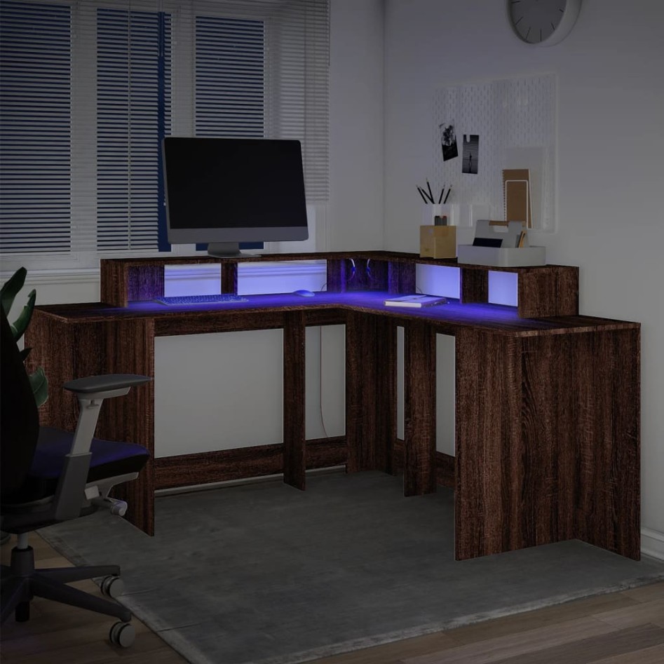 Escritorio con LED madera ingeniería marrón roble 152x152x91