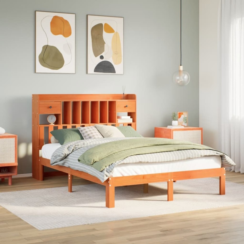 Cama con estantería sin colchón madera maciza marrón 140x200