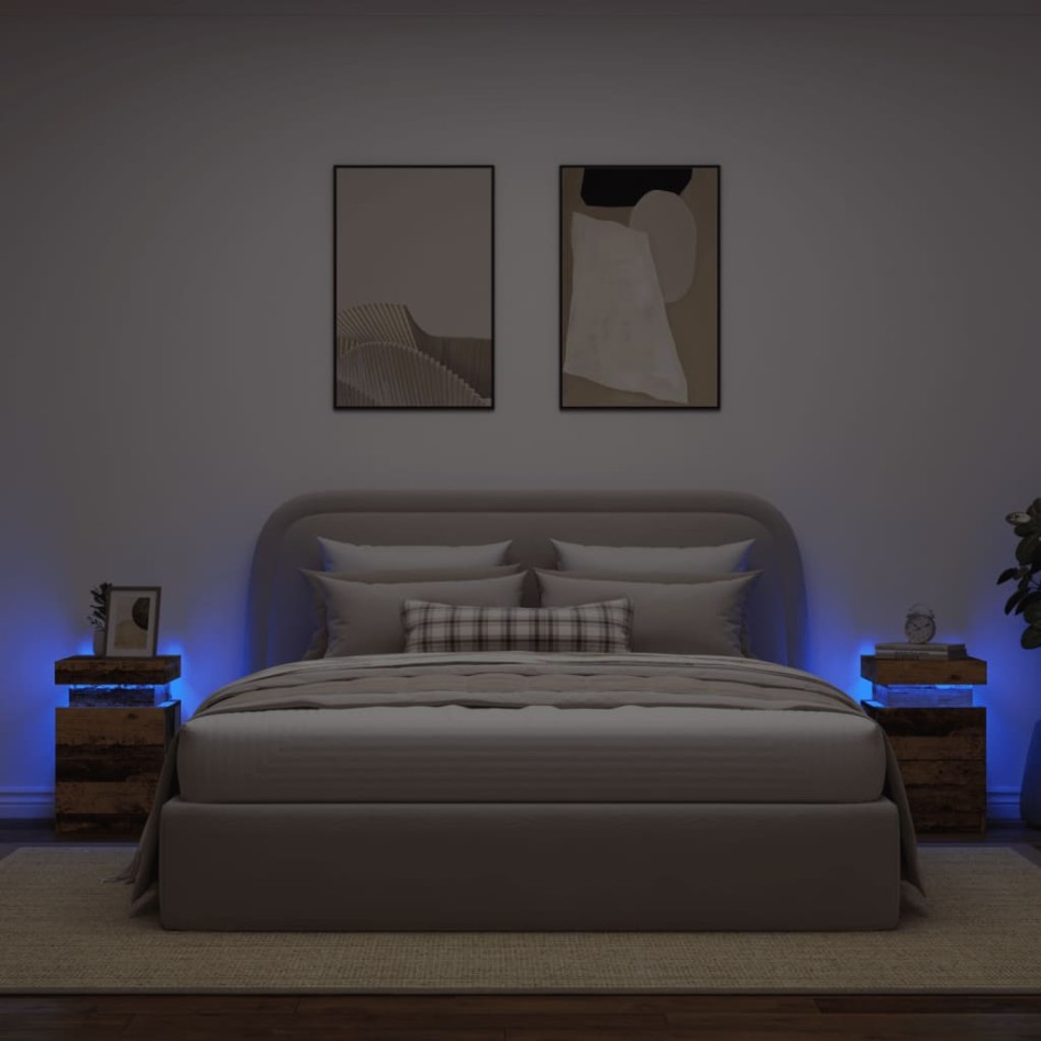 Mesitas de noche con LED 2 uds madera envejecida 35x39x55