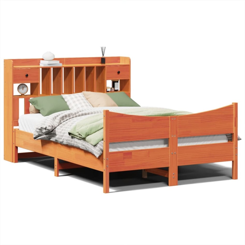 Cama sin colchón madera maciza de pino marrón cera 140x200