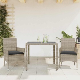 Set comedor jardín 3 pzas y cojines ratán PE vidrio gris