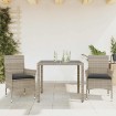 Set comedor jardín 3 pzas y cojines ratán PE vidrio gris claro