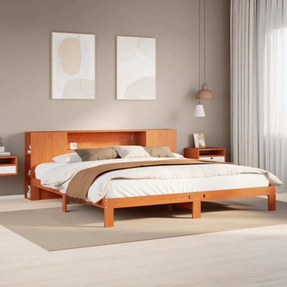 Cama con estantería sin colchón madera maciza marrón