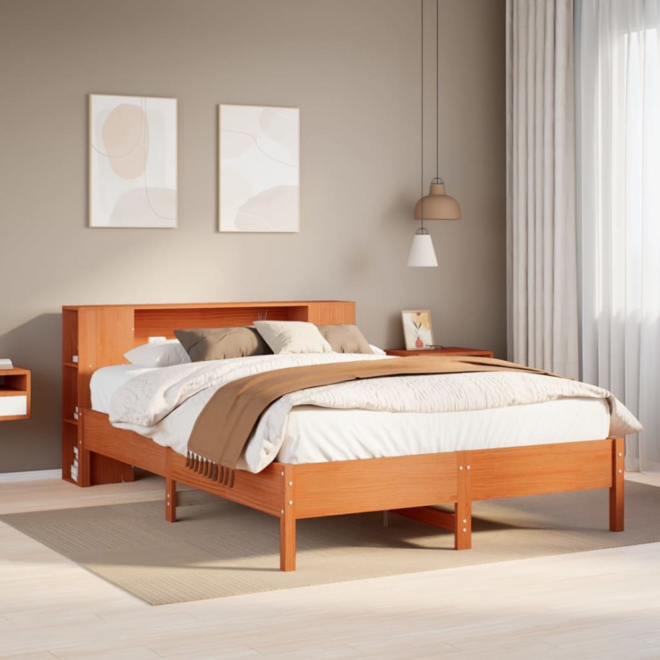 Cama con estantería sin colchón madera maciza marrón 150x200
