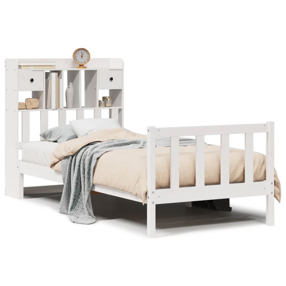Cama con estantería sin colchón madera maciza blanca 100x200