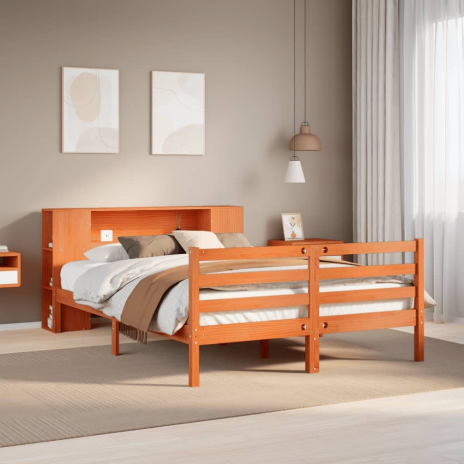 Cama con estantería sin colchón madera maciza marrón