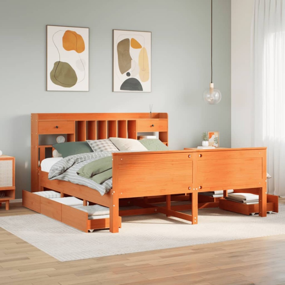 Cama con estantería sin colchón madera maciza marrón