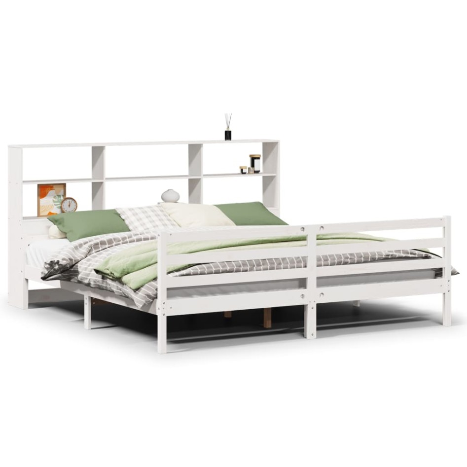 Cama con estantería sin colchón madera maciza blanca 200x200