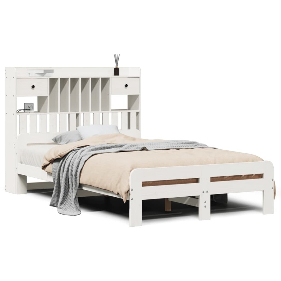 Cama con estantería sin colchón madera maciza blanca 135x190