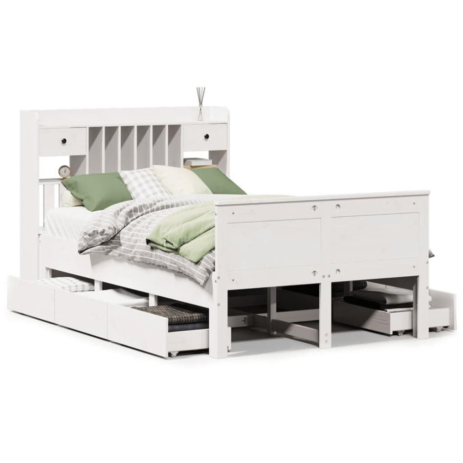 Cama con estantería sin colchón madera maciza blanca 135x190