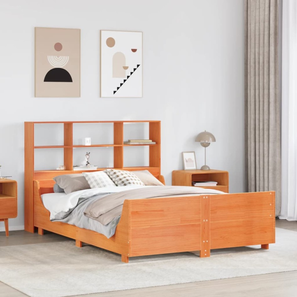 Cama con estantería sin colchón madera maciza marrón
