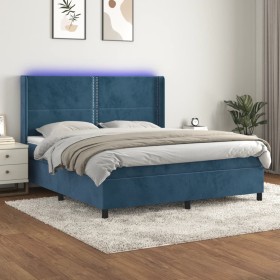 Cama box spring colchón y LED terciopelo azul oscuro 160x200