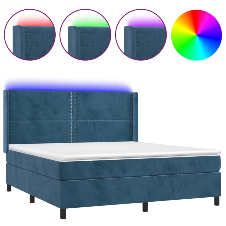 Cama box spring colchón y LED terciopelo azul oscuro 160x200