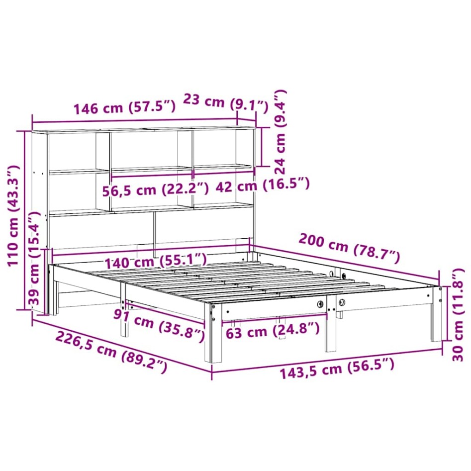 Cama con estantería sin colchón madera maciza marrón 140x200