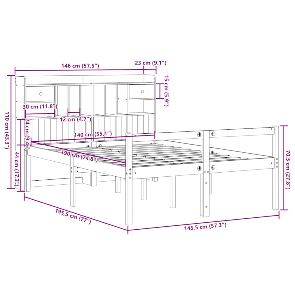 Cama con estantería sin colchón madera maciza de pino