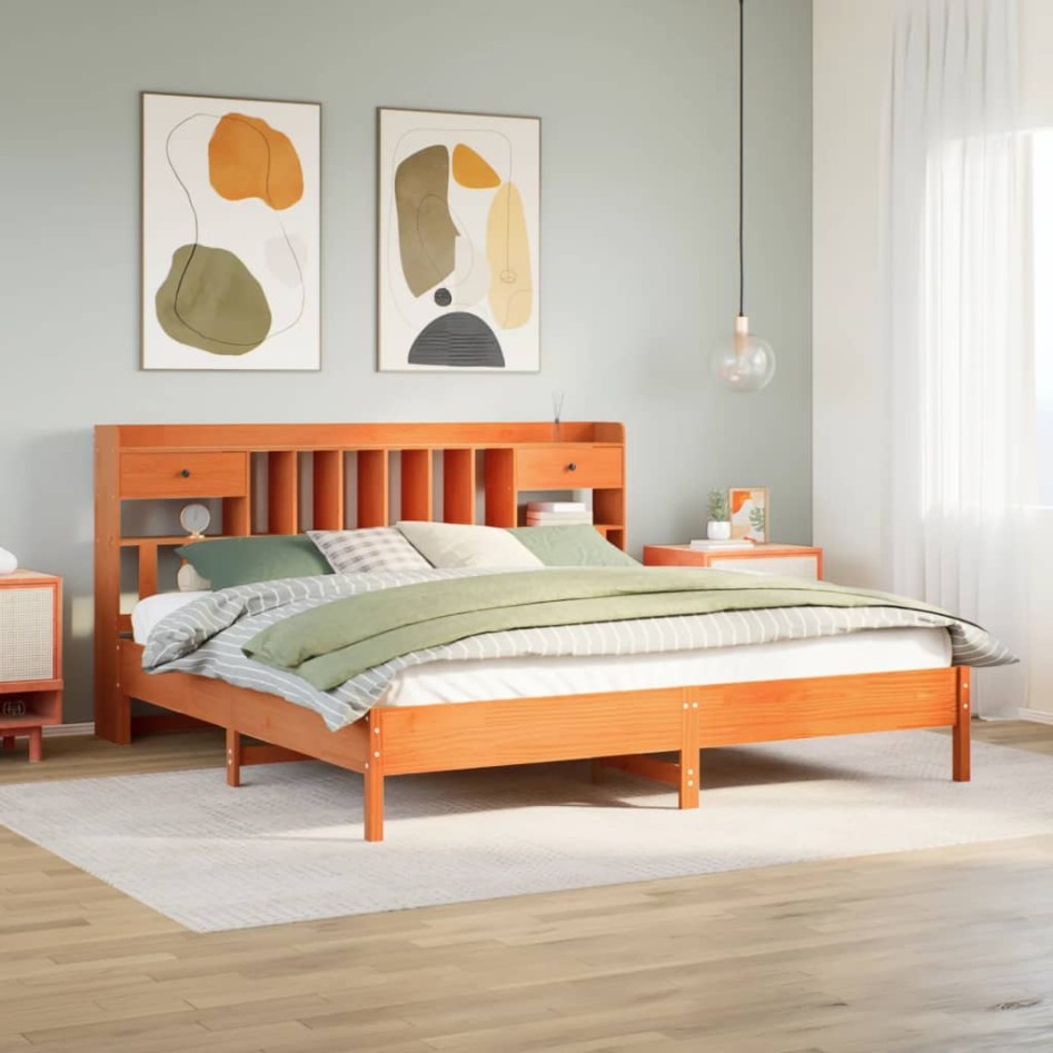 Cama con estantería sin colchón madera maciza marrón
