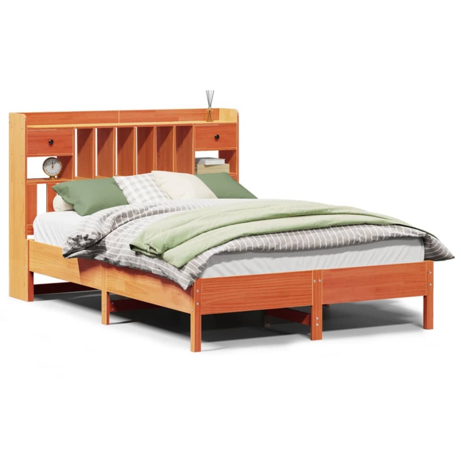 Cama con estantería sin colchón madera maciza marrón 140x190