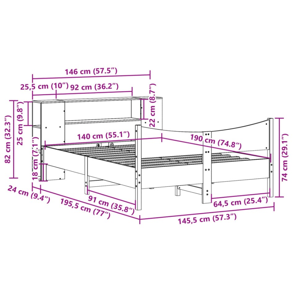 Cama sin colchón madera maciza de pino marrón cera 140x190