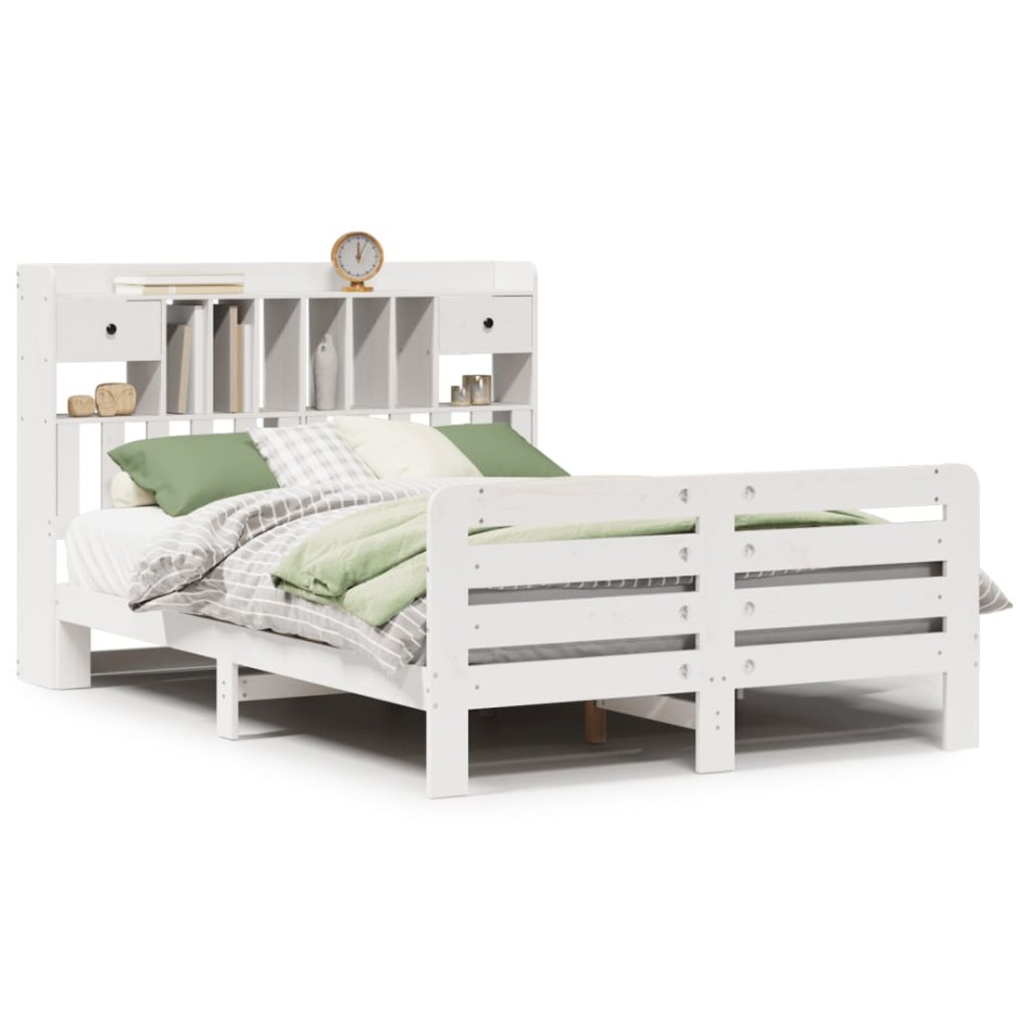 Cama con estantería sin colchón madera maciza blanca 140x190