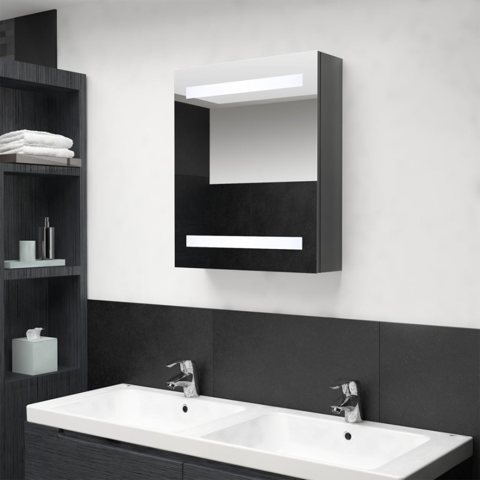 Armario de baño con espejo LED gris brillante 50x14x60