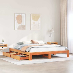 Cama sin colchón madera maciza de pino marrón cera 200x200