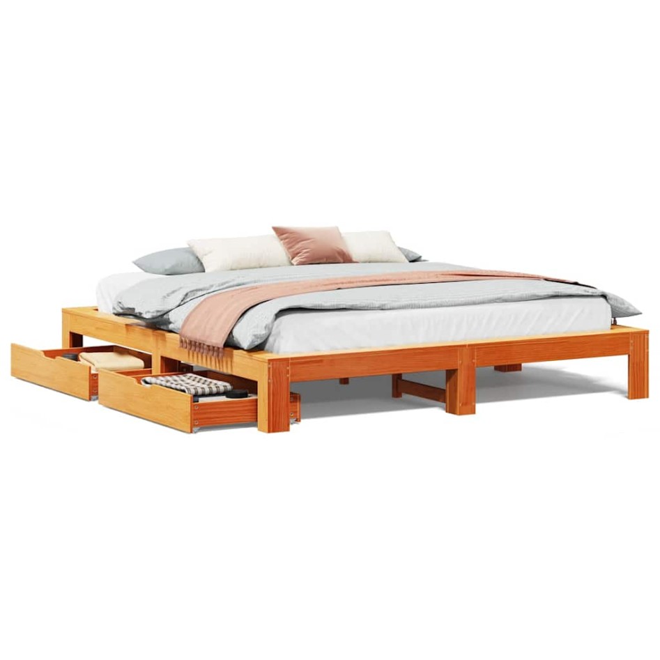 Cama sin colchón madera maciza de pino marrón cera 200x200