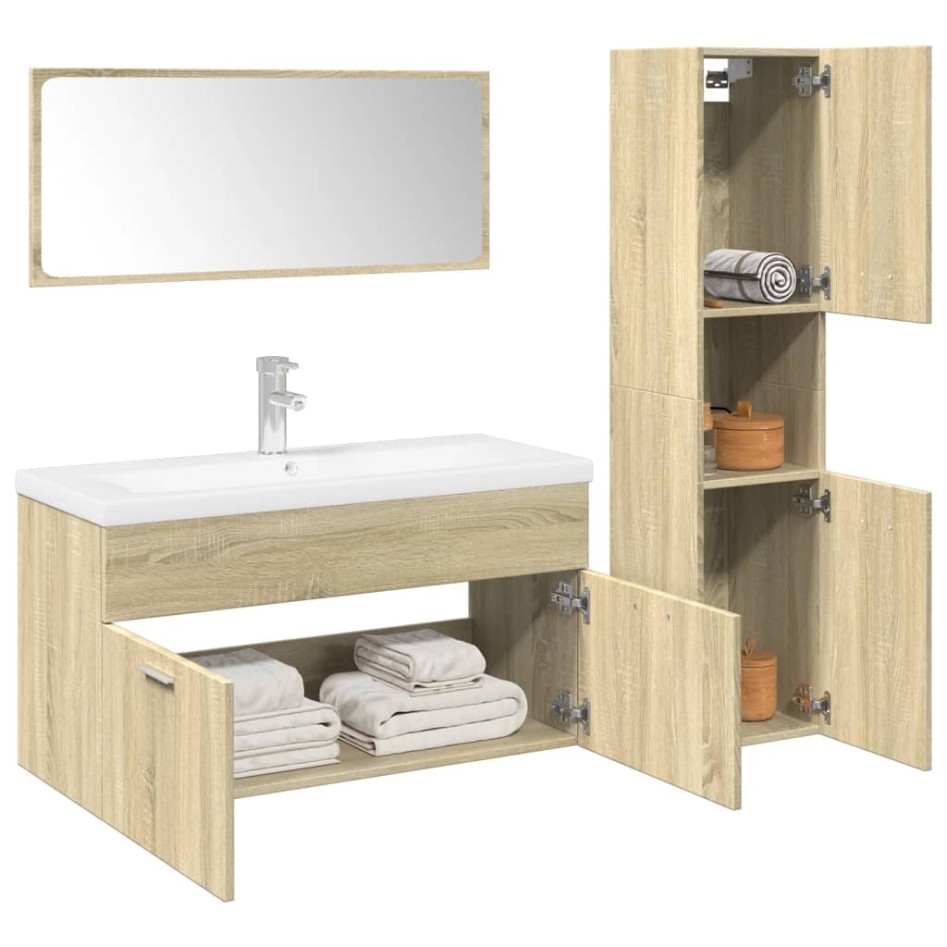 Set de muebles de baño 3 pzas madera contrachapada roble