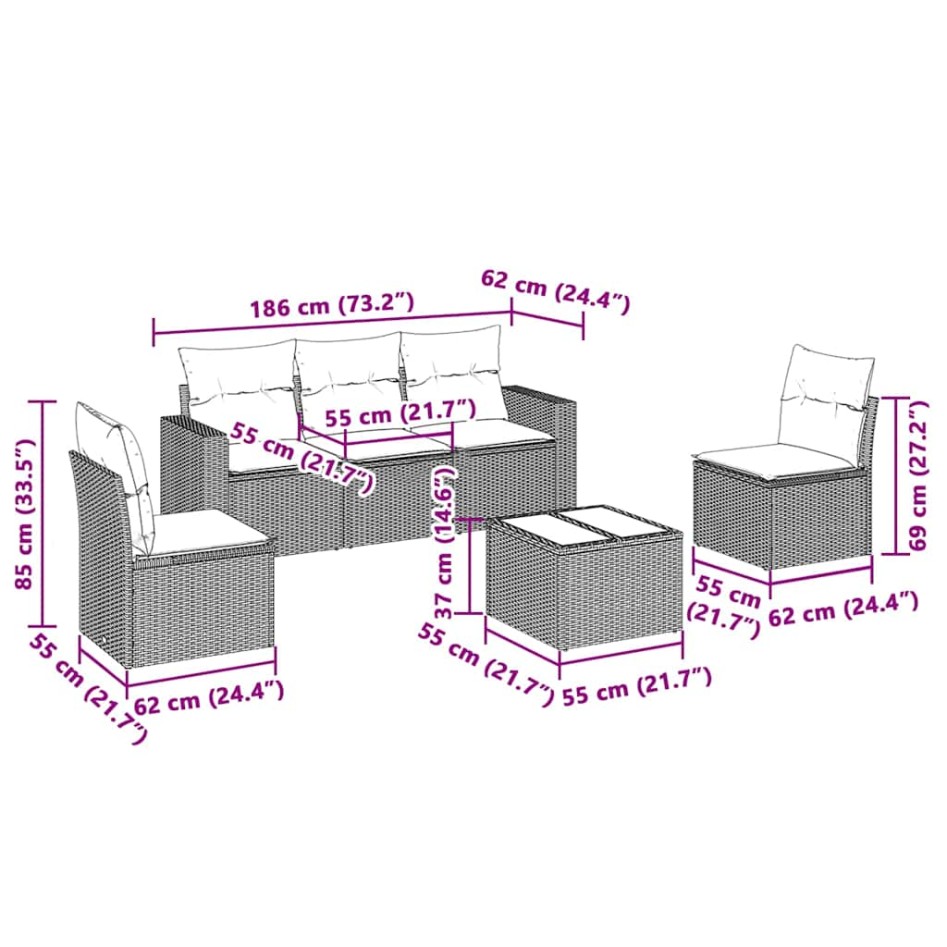 Set de sofás de jardín 6 pzas y cojines ratán sintético
