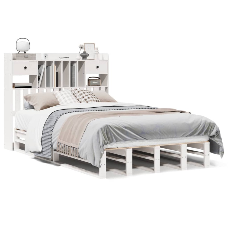 Cama con estantería sin colchón madera maciza blanca 135x190