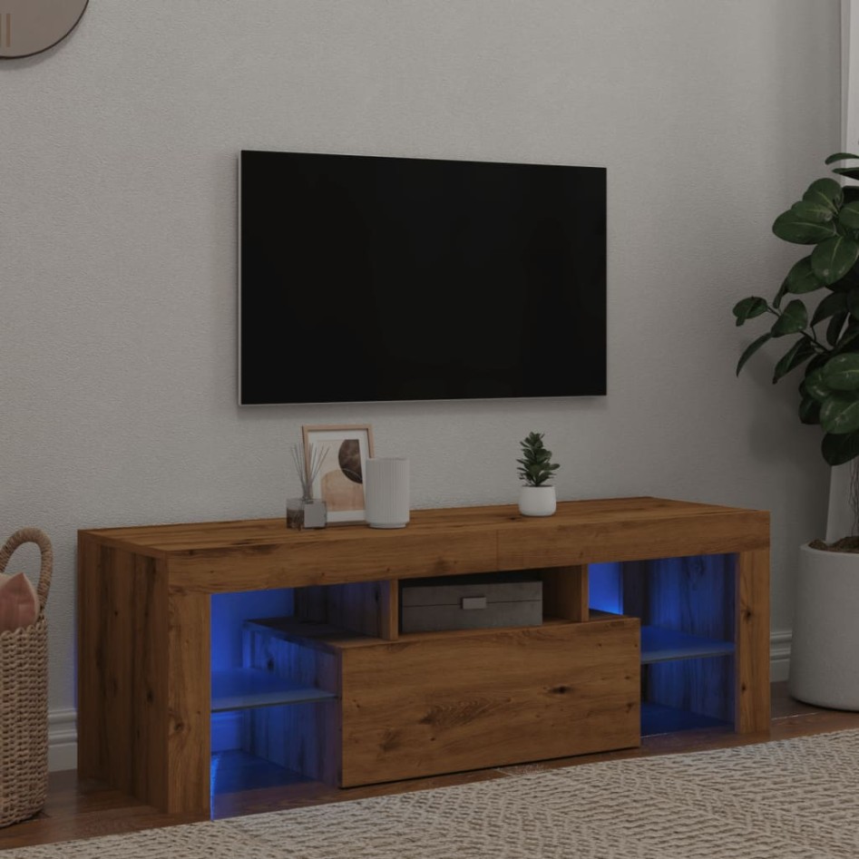 Mueble de TV luces LED madera roble artisan 120x36,5x40