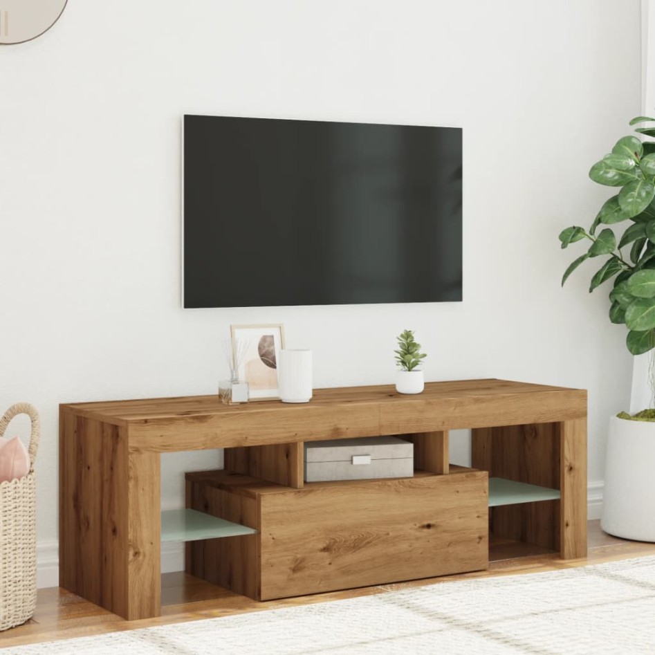 Mueble de TV luces LED madera roble artisan 120x36,5x40