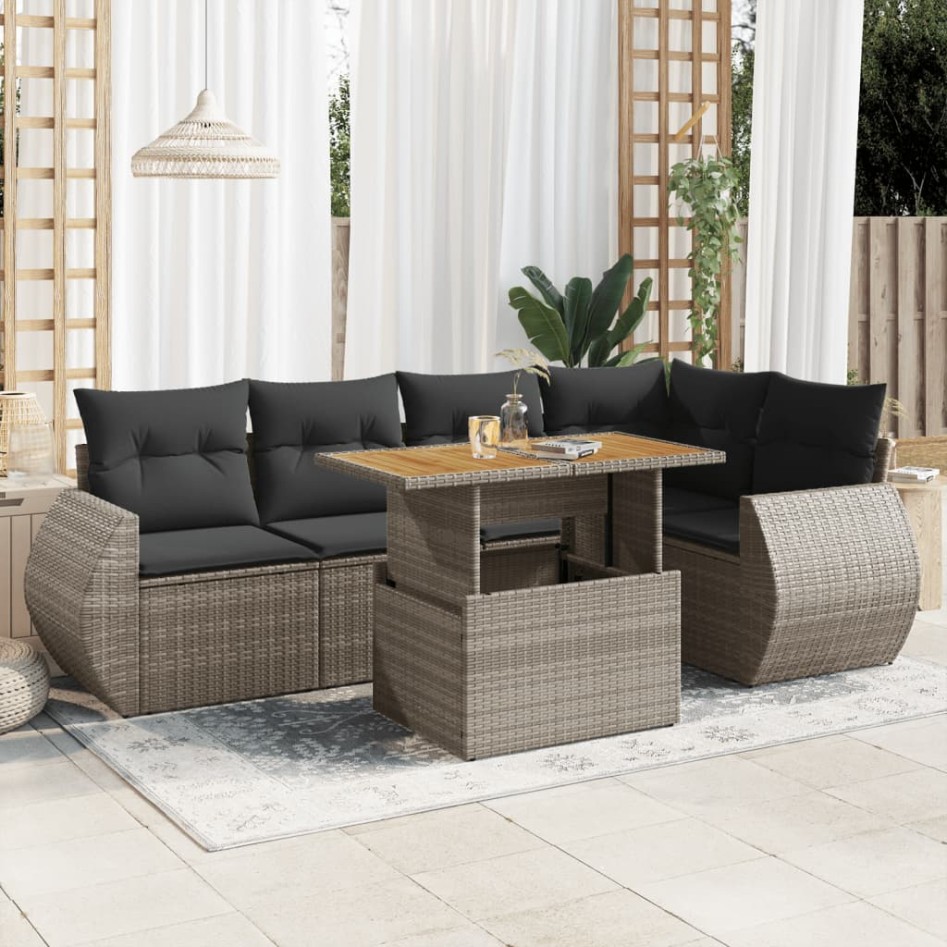 Set de muebles de jardín 6 pzas y cojines ratán sintético