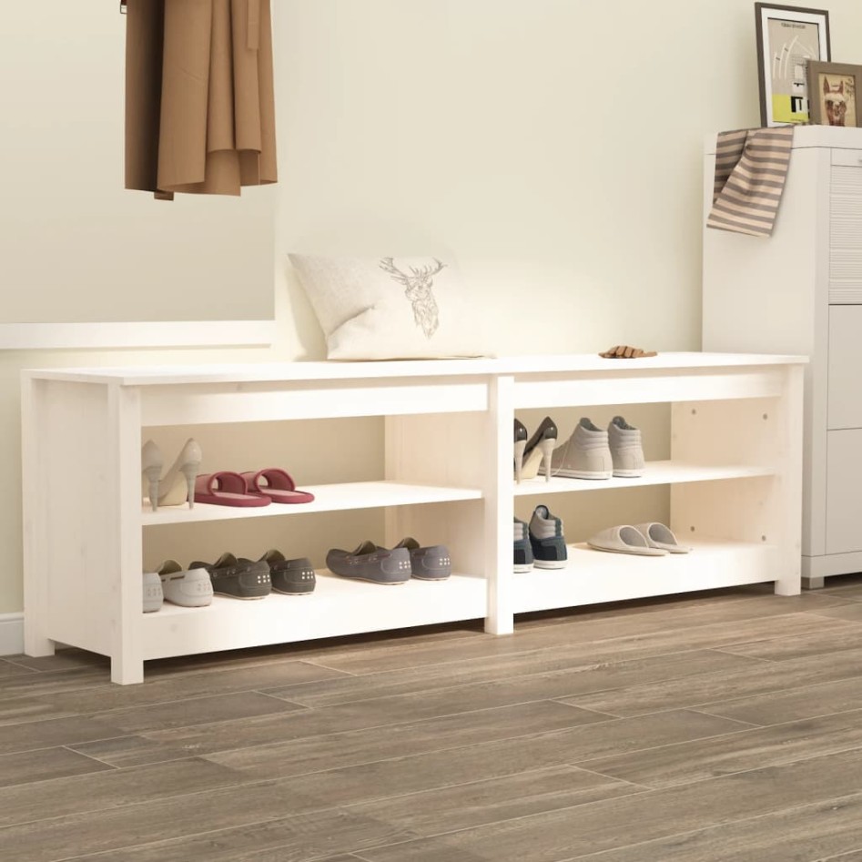 Banco zapatero de madera maciza de pino blanco 160x36,5x50