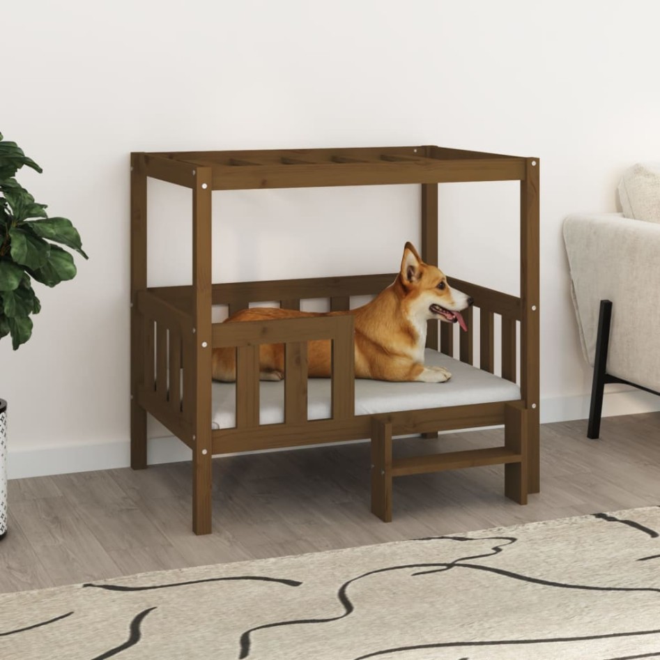 Cama para perros madera maciza pino marrón miel 95,5x73,5x90