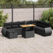 Set sofás jardín y cojines 9 pzas ratán sintético acacia negro