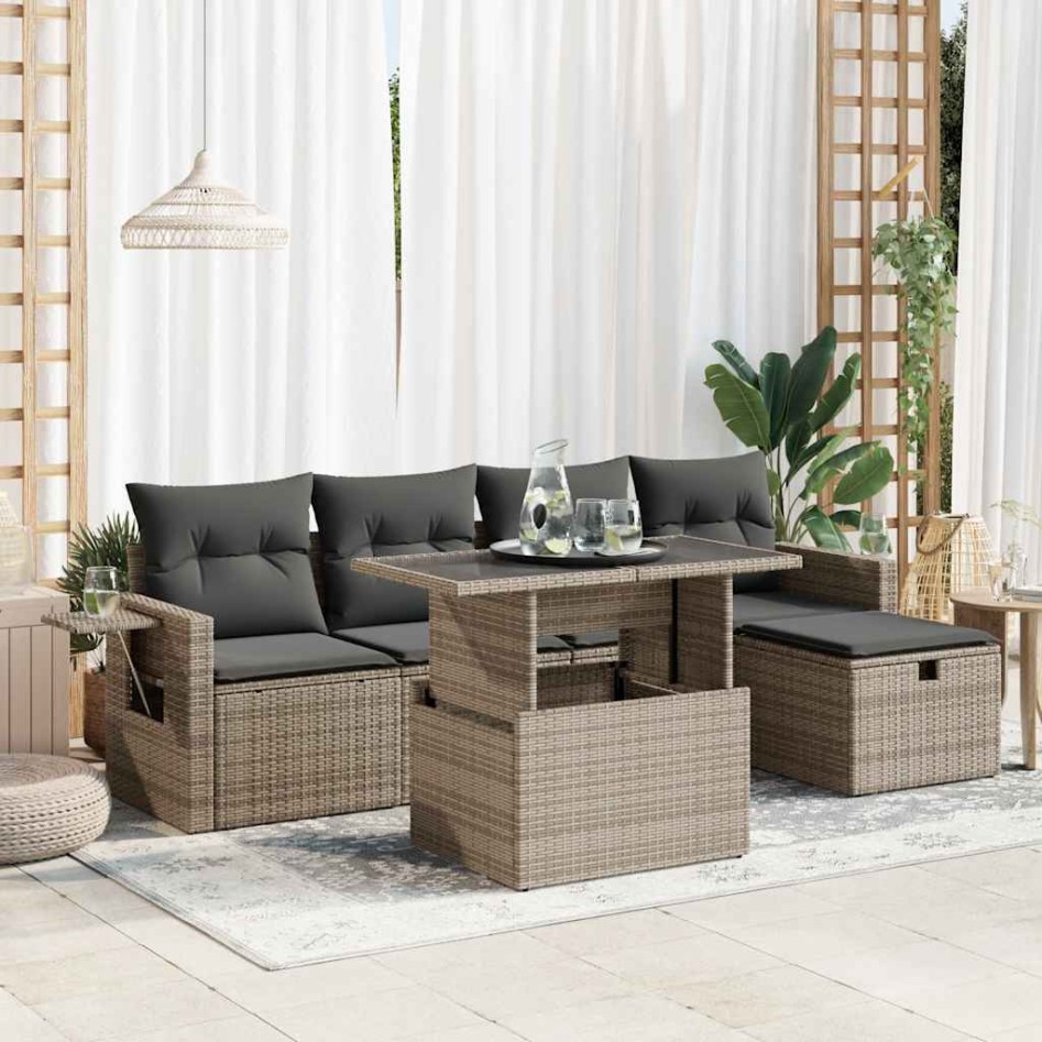 Set de muebles de jardín 6 pzas y cojines ratán sintético