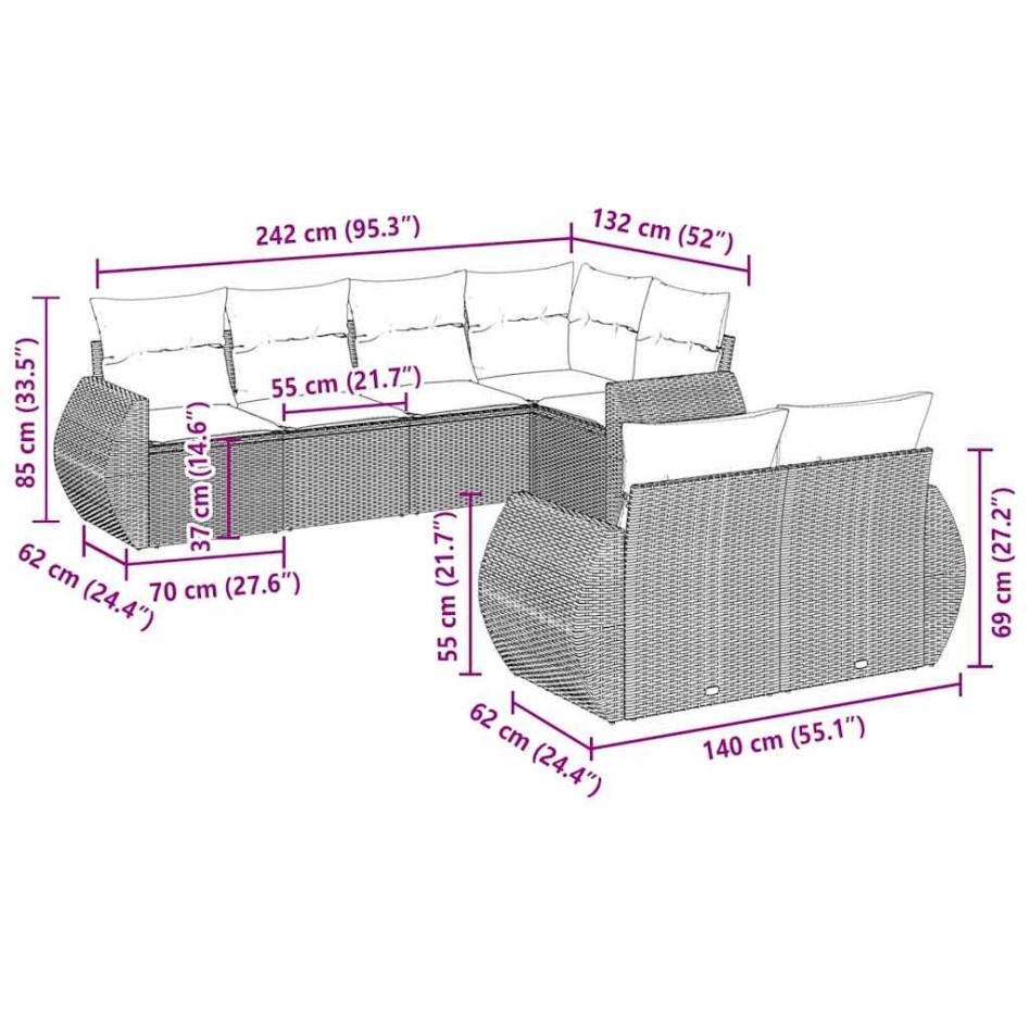 Set de sofás de jardín 7 pzas con cojines ratán PE gris