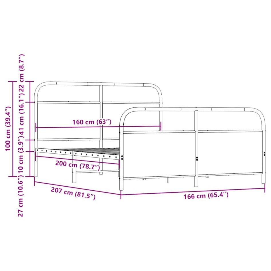 Estructura de cama sin colchón metal roble ahumado 160x200