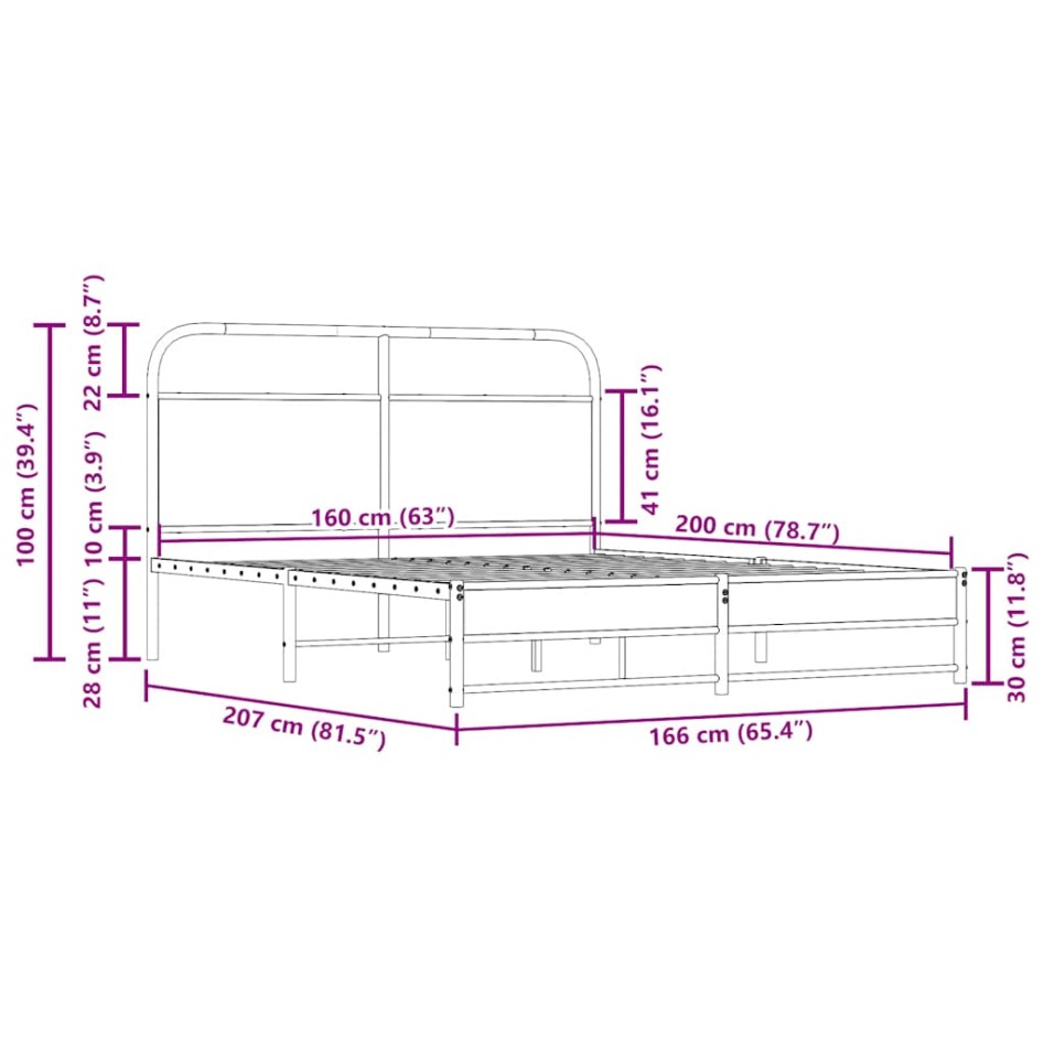 Estructura de cama sin colchón metal roble ahumado 160x200