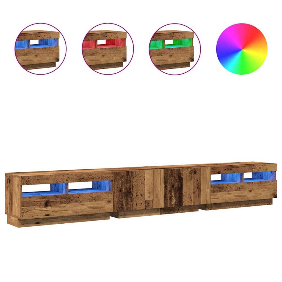 Mueble TV luces LED madera ingeniería envejecida 260x35x40