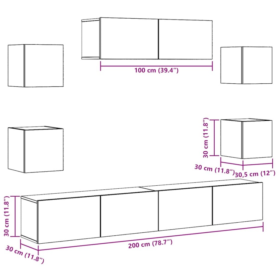 Conjunto de mueble de TV 7 piezas montado la pared madera
