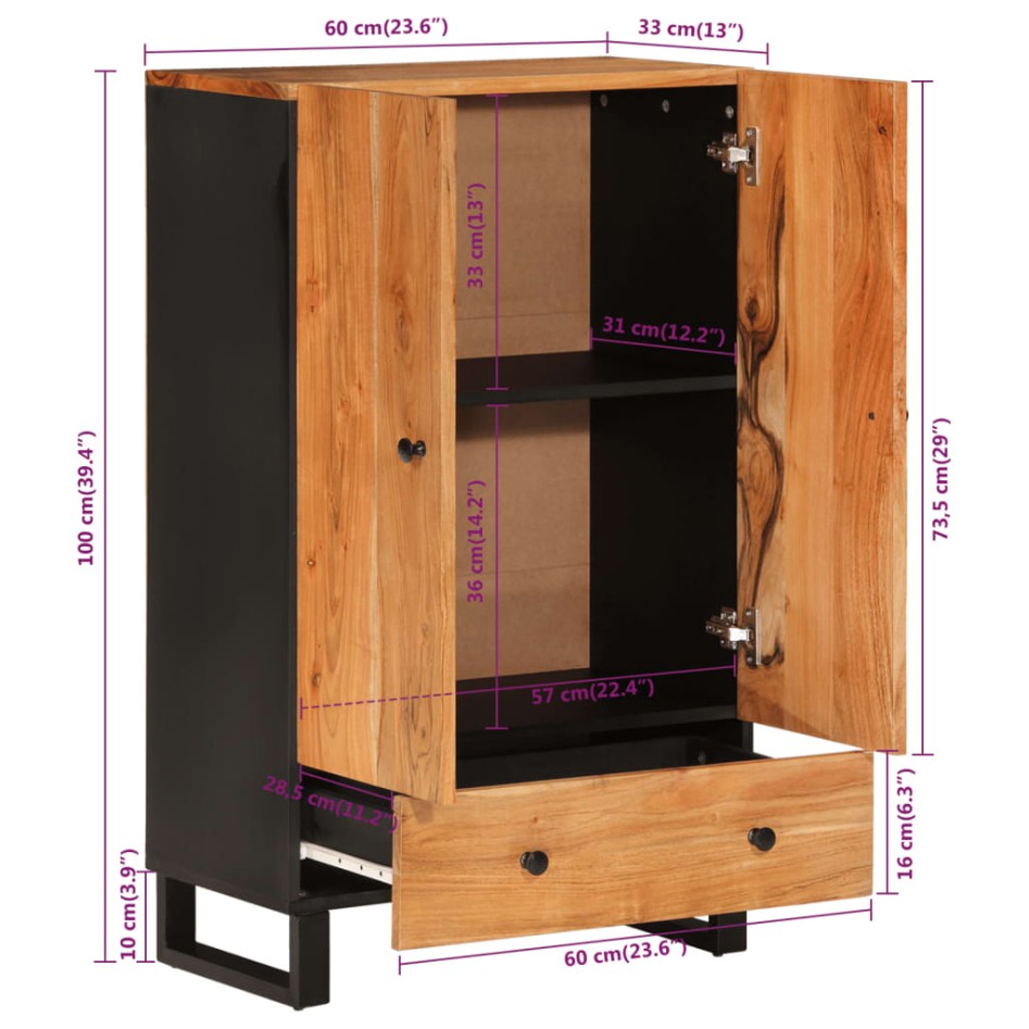 Aparador con cajón hierro y madera maciza acacia 60x33x100