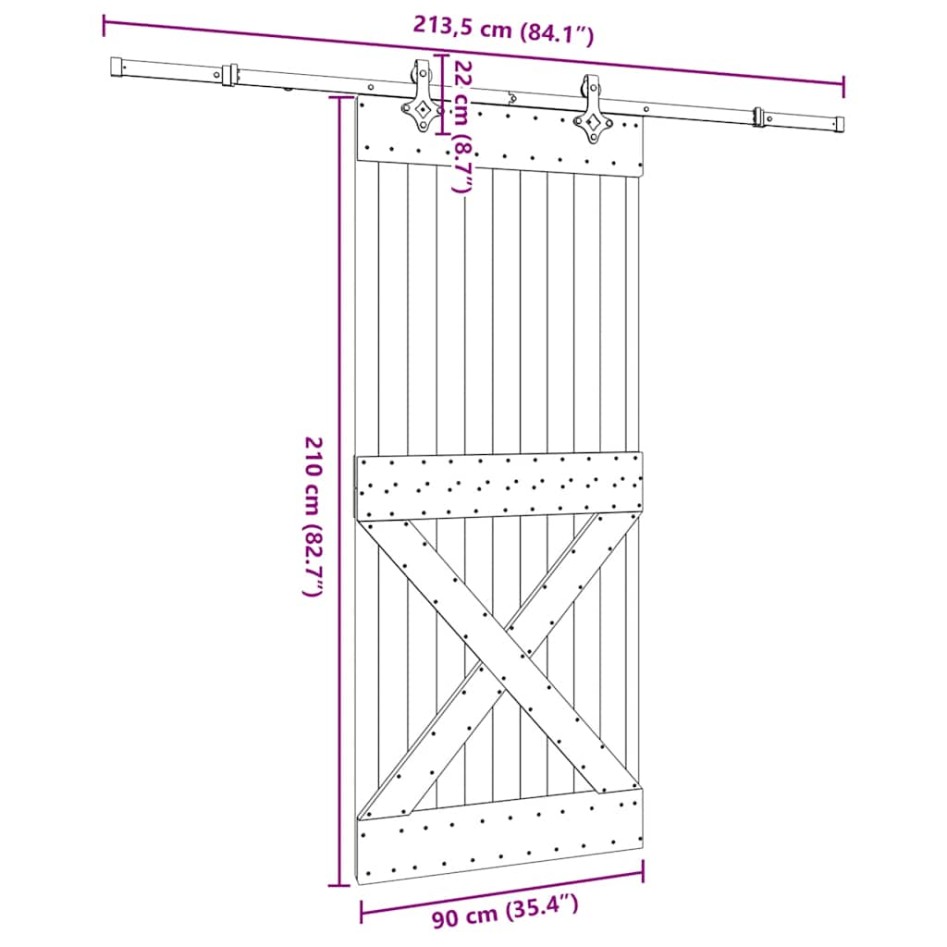 Puerta corredera con herrajes madera maciza de pino 90x210