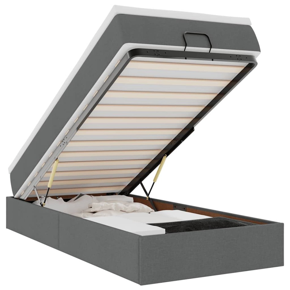 Estructura cama otomana colchón tela gris