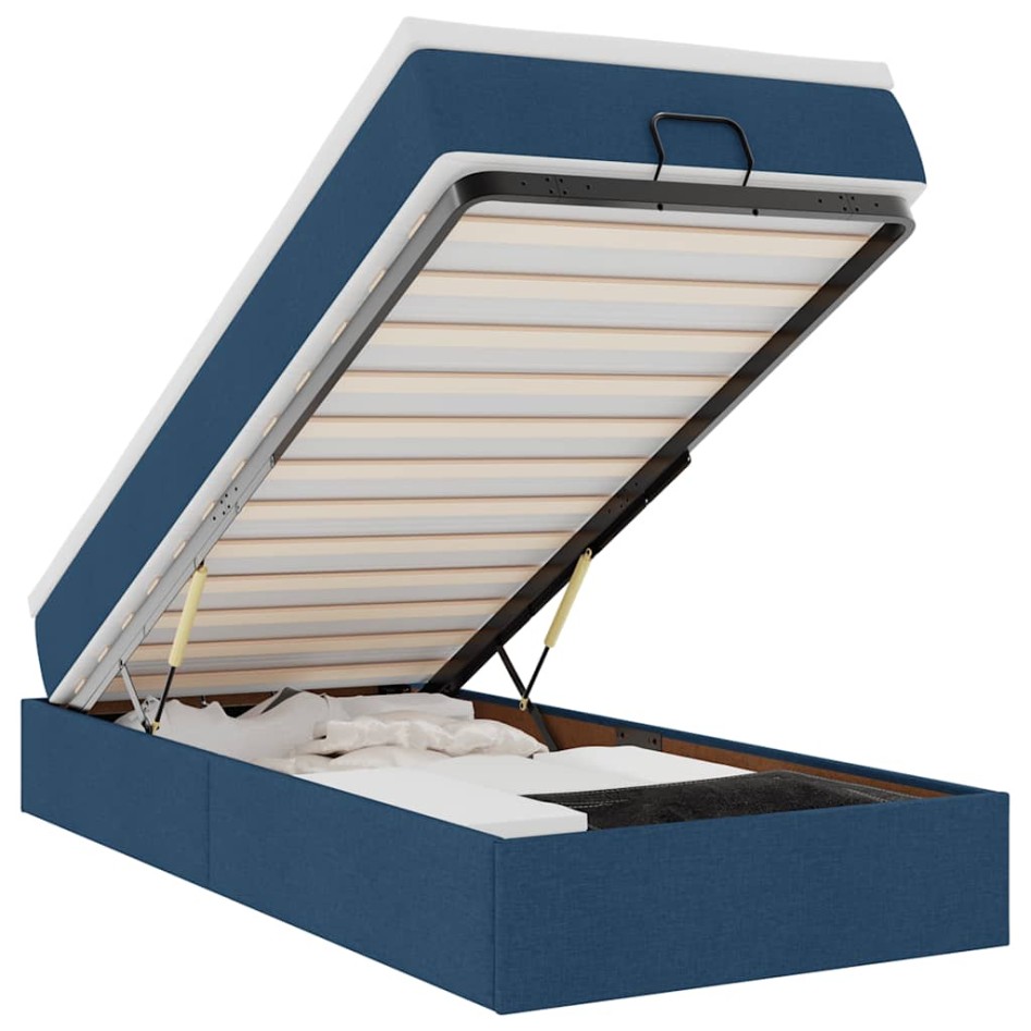 Estructura de cama otomana con colchón tela azul 90x200