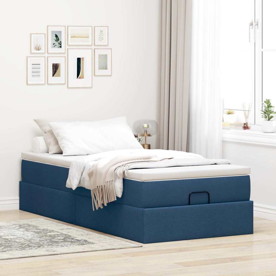 Estructura de cama otomana con colchón tela azul 90x200